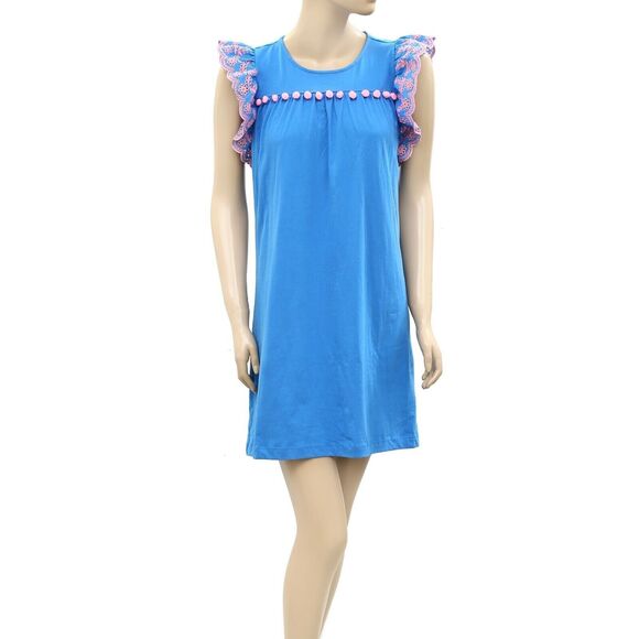 Lilly Pulitzer Ave Mini Dress Pom-Pom Embroidered Flutter Sleeve Blue XXS 282297 - Picture 6 of 11